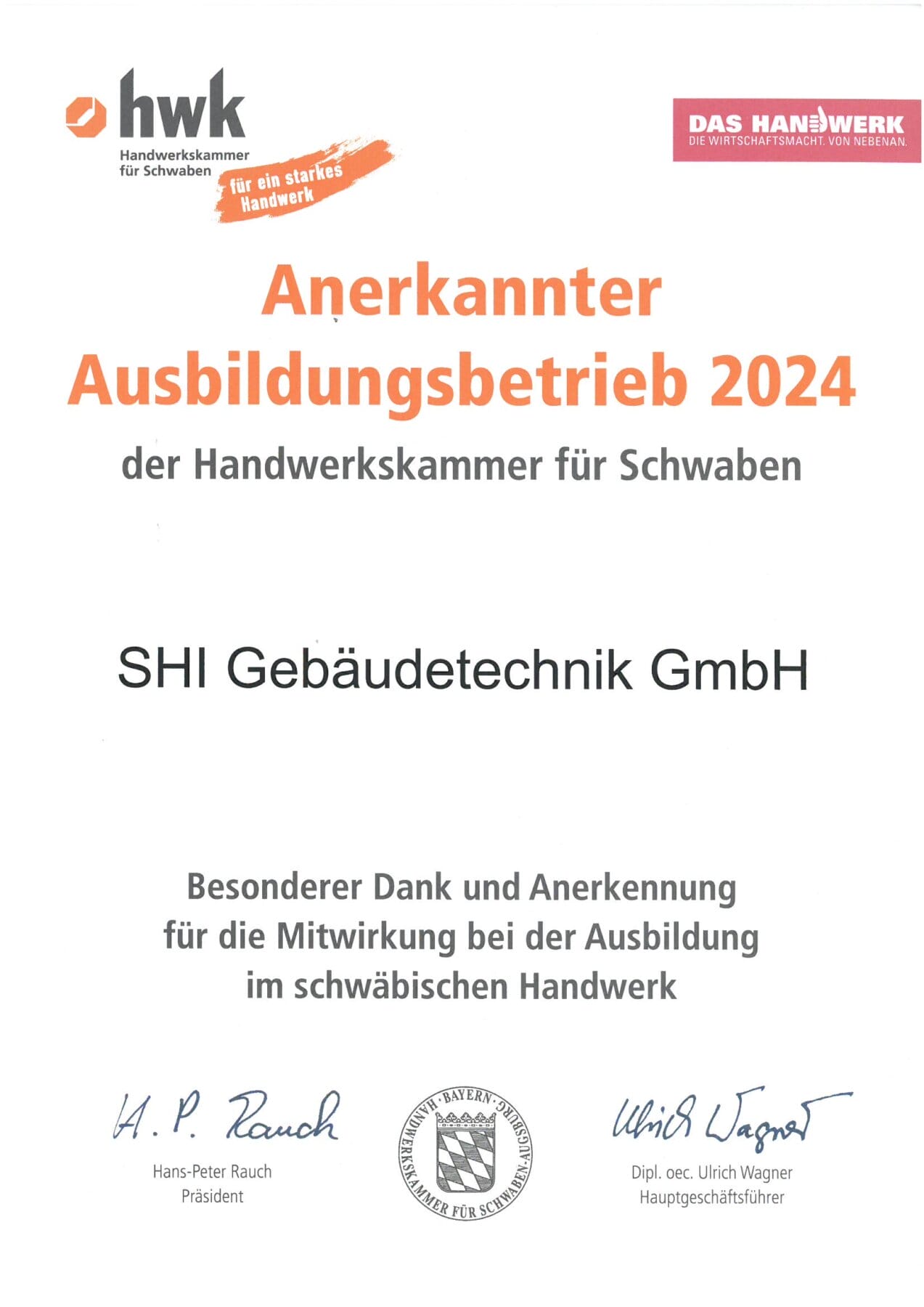 HWK - Anerkannter Ausbildungsbetrieb 2024